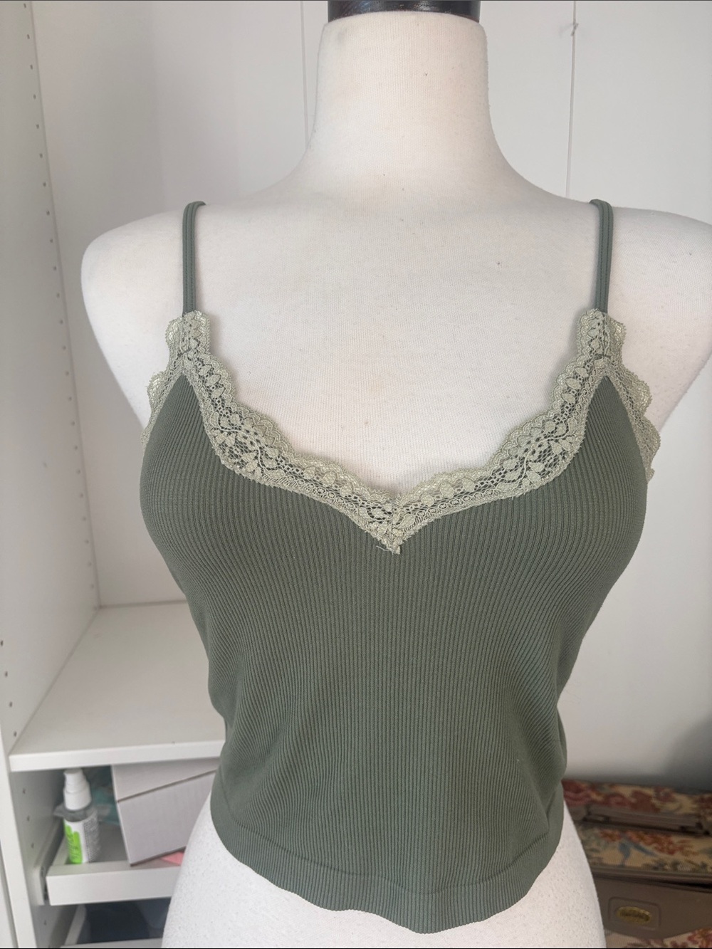 wild fable Olive Green Lace-Trim Cropped Cami